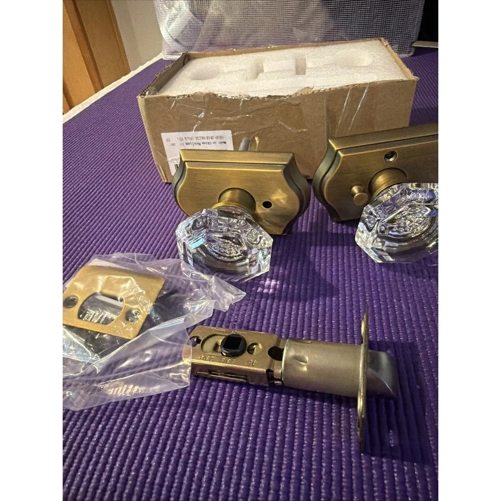 Crystal Glass Door Knob Lock Privacy Brass for Bathroom Bedroom Closet Satin
